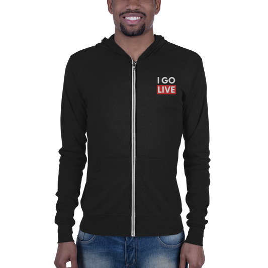 Unisex I GO LIVE Embroidered zip hoodie